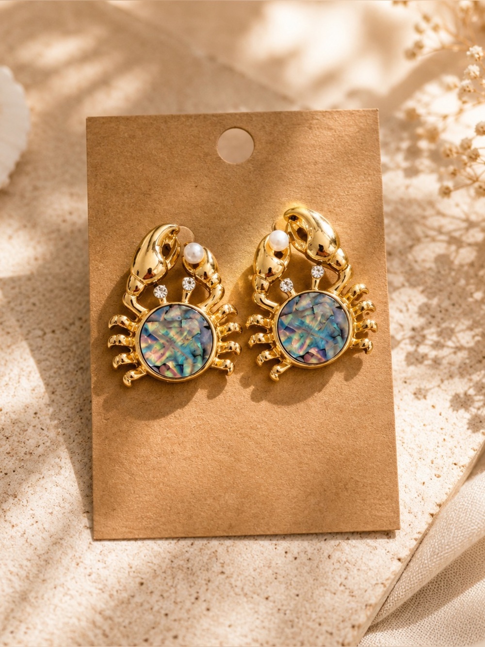 Anthropologie Gold Crab Earrings with Iridescent Abalone Centers